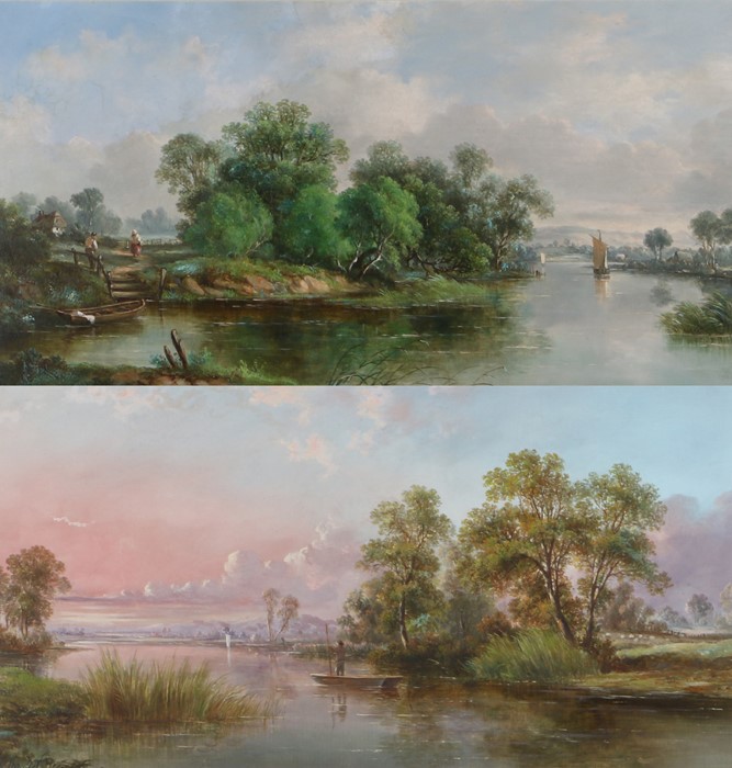 E Blundell, (19th Century British school) Figure on a punt in an extensive landscape, together
