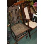 Edwardian mahogany folding armchair, with upholstered back and seat, single oak dining chair with