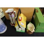 Hornsea jug with rabbit form handle, Edwardian porcelain jug, cottage form biscuit barrel and