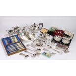 Silver plated ware to include fish knives and forks, teapot, milk jug, sugar bowl, toast rack, tongs