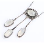 Moonstone necklace, the pendant with central oval moonstone surrounded by a scroll pierced border