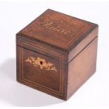 Continental rosewood tobacco box, the hinged lid with marquetry inlaid lettering "Tabac", opening to