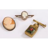 9 carat gold cameo bar brooch, silver cameo brooch, gilt scent bottle with brooch mount (3)
