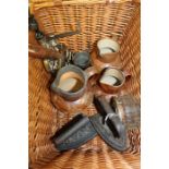 Three Royal Doulton Harvest jugs, together with two brass trivets, an Art Nouveau style metal lidded