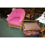 Cane armchair with puce buttoned upholstery, oak armchair with adjustable back (2)