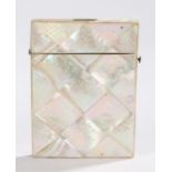 19th Century mother of pearl card case, the diamond pattern exterior with foliate decoration, 8cm