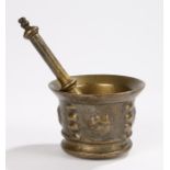 17th Century bronze mortar and pestle, Spanish/Southern France, with a mask and ribbed tapering