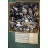 Plated flatware, cased set of six simulated bone handled knives, two trophy cups (qty)
