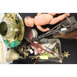 Collection of works of art, to include a Doll, bowls, fire irons, bell, candle snuffers