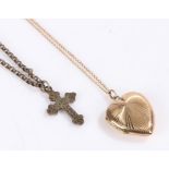 Gold front and back heart form locket, on a 9 carat gold chain, silver cross on a white metal