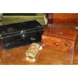 Victorian rosewood workbox, a black metal tin and an advertising Fynnon Limited tin, (3)