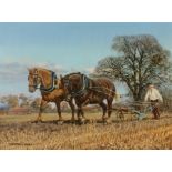Norman Hoad (20th Century British), farmer with two shire horses pulling a plough, signed oil on