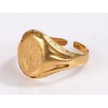 18 carat gold signet ring, with feint monogram to the head, split to the band, 3g