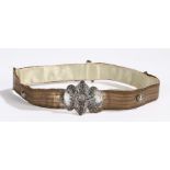 Russian silver Niello belt and clasp, the buckle with dagger clasp and gold thread belt on silk,