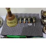 Canteen of shell pattern table cutlery, Bells whisky bell, four bottle pourers in the form of
