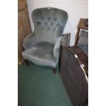 Blue velvet Albert chair, button back above turned legs, together with a set of hanging shelves