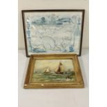British school, Marine landscape, unsigned oil on board, 34cm x 24cm, together with a map of