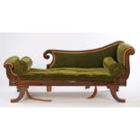 William IV mahogany chaise lounge, with an arched back rail with green fabric back and seat, the