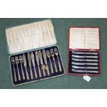 Cased set of six fish knives and forks with silver handles, cased set of six tea knives with