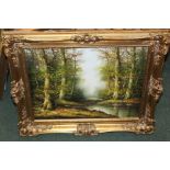 Morris, riverside scene, signed oil on canvas, housed in a gilt frame, smaller riverside scene,