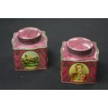 2x Edward VIII tea caddies, the purple watered silk effect tins with cartouches depicting King