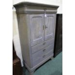 Late 19th Century painted pine cupboard, the crested top fitted with a drawer, the two hinged