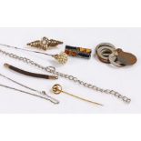 Pearl effect bead set brooch, 830 silver brooch, gilt metal stick pin, pearl effect bead set stick
