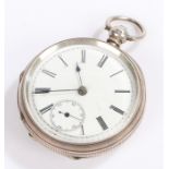 Victorian silver open face pocket watch, Birmingham 1884, the white enamel dial with Roman