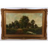 L Matrot, landscape scene with rural buildings and pond to the foreground, signed oil on canvas,