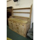 Victorian pine dresser with open shelves above three drawers and three cupboard doors, 186cm wide