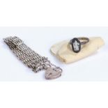 Silver bracelet with heart shaped padlock clasp, sterling silver ring set with a Wedgwood style