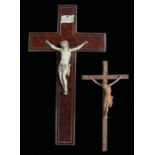 Crucifix with ivory effect Jesus Christ on a maple and brass inlaid cross, 40cm high, carved