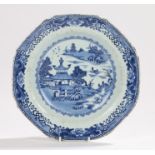 18th Century Chinese blue and white plate, of octagonal form, decorated with a landscape scene, 23cm