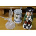 Glass eagle figure, together with a Hoare & Co Toby jug and a Royal Albert Cooks Voyage mug, (3)