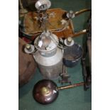 Metal milk churn, pair of fire dogs, coal bucket, copper and brass warming pan, five branch light