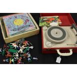 Westminster record player, collection of Children's Corner and similar records, tea card albums, toy