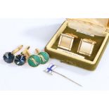 Three pairs of gilt metal cufflinks to include a golfing related pair, tie pin decorated with the