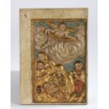 Flemish polychrome decorated carved panel, depicting baby Jesus with followers, an angel in the