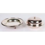 Mappin & Webb plated dish, with beaded border, raised on three ball and claw feet, 19cm diameter,