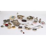 Collection of pill and trinket boxes, also together with a porcelain box housing scent bottles, a