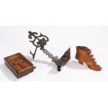 Carved wooden snuff shoe with bead decoration, steel hanging oil lamp, with scroll pierced back