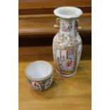 Chinese Canton porcelain vase, and a half barrel, (2)