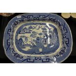 Blue and white transfer decorated turkey plate, with gravy well