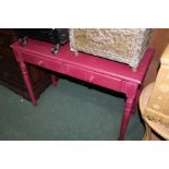 Purple painted pine side table with two frieze drawers, 103cm wide