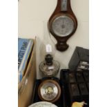 Oak cased barometer thermometer, circular barometer, oil lamp with cast iron base (3)