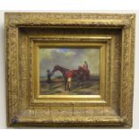 J Dally, Jockeys and racehorses, print, housed in a substantial gilt frame, the oil 24cm x 19cm