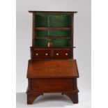 George III mahogany provincial miniature bureau bookcase, with open shelves above two small