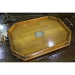 Oak and plate mounted tray, with canted corners and turned handles, 60cm x 37cm