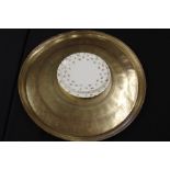 Brass benares tray, 57cm diameter, three Foley porcelain plates (5)