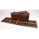 Twelve magic lantern slides, to include two with moving actions and ten comic slides, housed in a